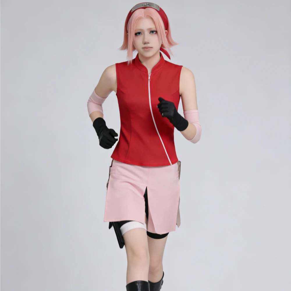Anime Haruno Sakura Cosplay Costume Top Skirt Shorts Pouch Cos Convention Halloween  Christmas Party Women Girl Fullset