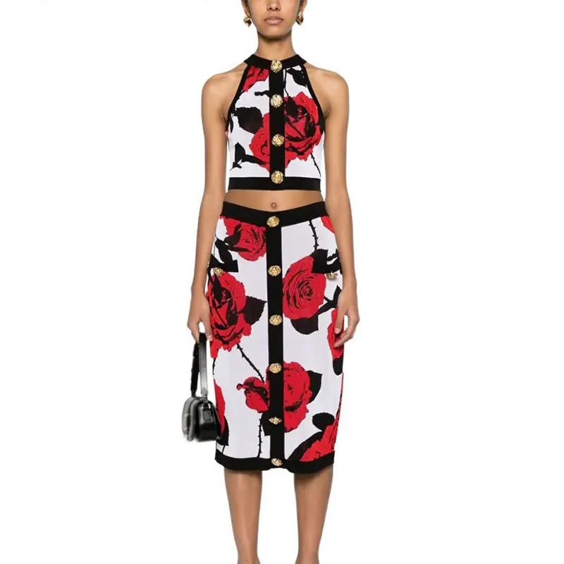 

Women's Elastic Waist Knitted Bag Hip Skirts 2024 New Flowers Design Buttons Knee Length Skirts Autumn High End Y2K Clothes