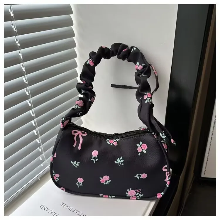 

Women's Cute Floral & Bow Print Shoulder Bag, Ruched Handle Hobo Bag, Mini Nylon Underarm Bag with Removable Strap