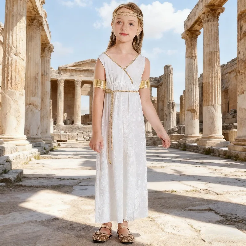 

Greek Mythology Statue of Liberty Children's Dress Girls White Court Shawl Long Dress Party Festival Performance Cosplay Costume