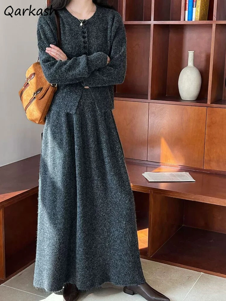 Elegant Dress Sets for Women Autumn Winter Long Sleeve Cardigans O-neck Ankle-length Skirts Elastic Waist Casual Korean Vintage