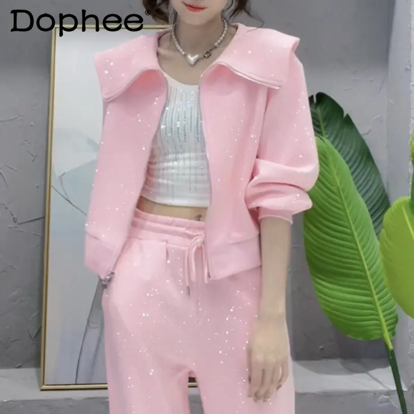 

Spring 2023 Hot Drilling Sports Tracksuit Women Doll Collar Sweet Pink Cardigan Coat Outerwear Casual Sweatpants Two-Piece Sets