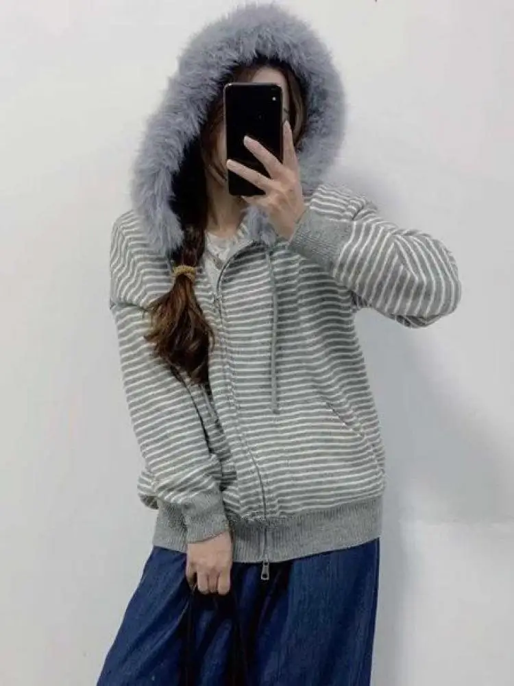 

Autumn Winter Striped Long Sleeve Versatile Short Sweater Retro Women's Hooded Cardigan Double Zipper Short Knitted Tops Popular