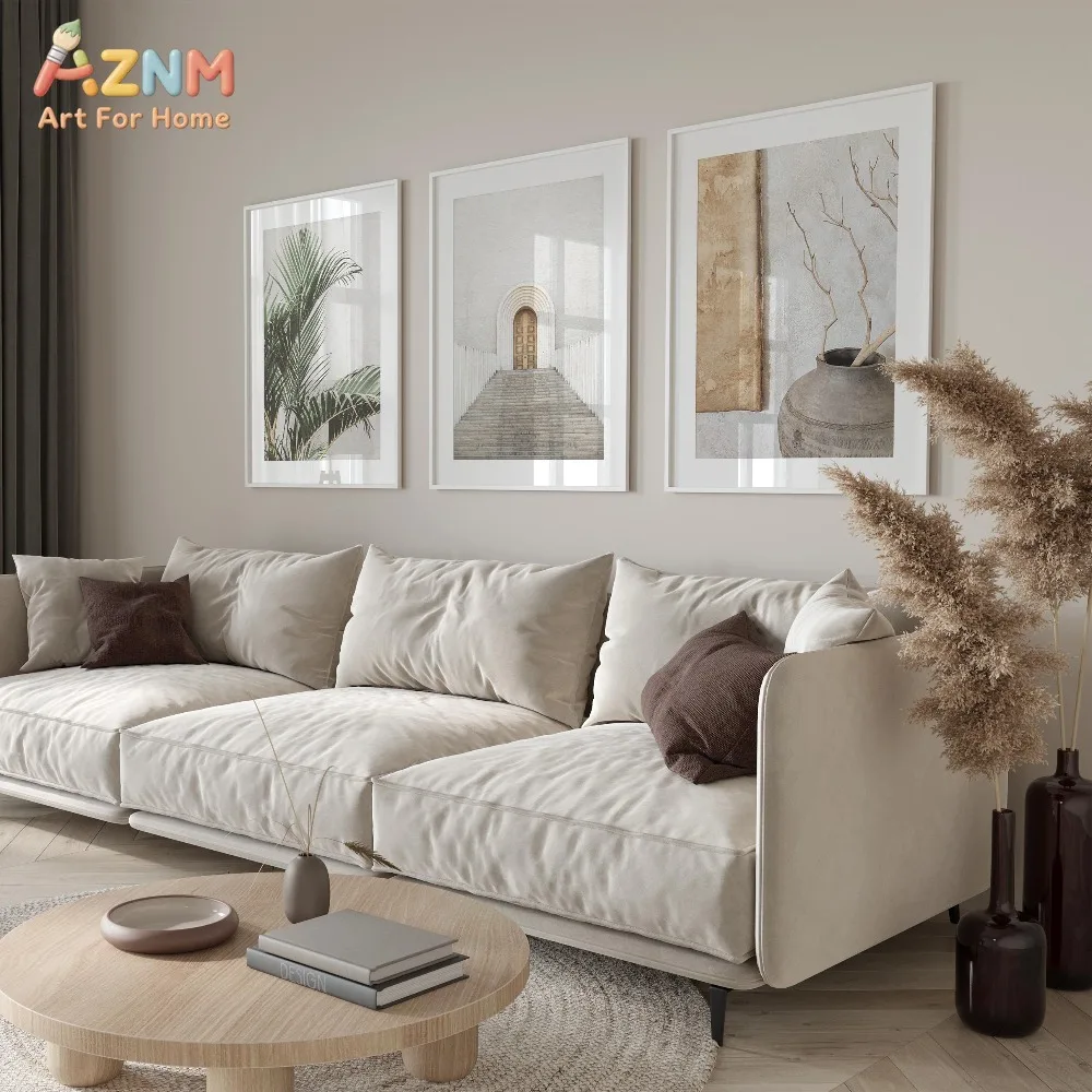 AZNM  Boho Coastal Palm Canvas Wall Art, Neutral Architecture Vase Branch Print Frameless Canvas Painting, Minimalist Aesthetic