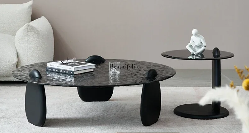 46Italian minimalist ash wood round water ripple coffee table size round glass coffee table