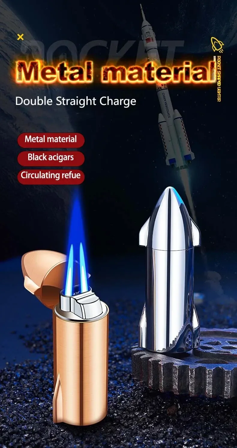 New Rocket shaped Double Blue Flame Lighter Metal Outdoor Windproof Butane Gas Portable Igniter Creative Home Furnishing