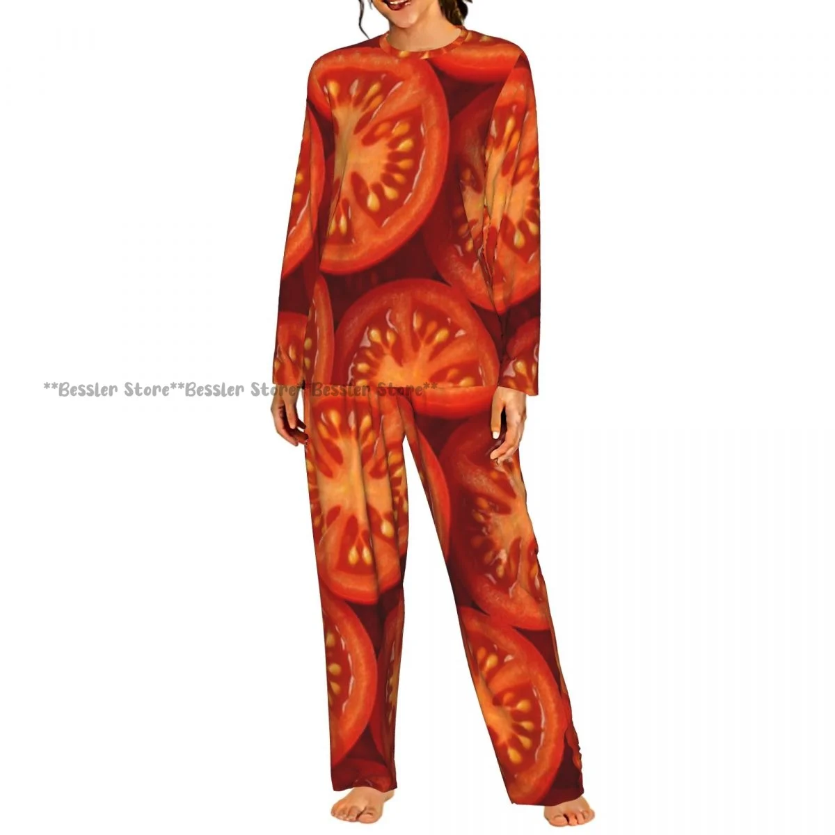Ladies Soft Pajamas Set Red Tomato Slice Round Neck Long Sleeve Long Pants Casual Loose Homewear