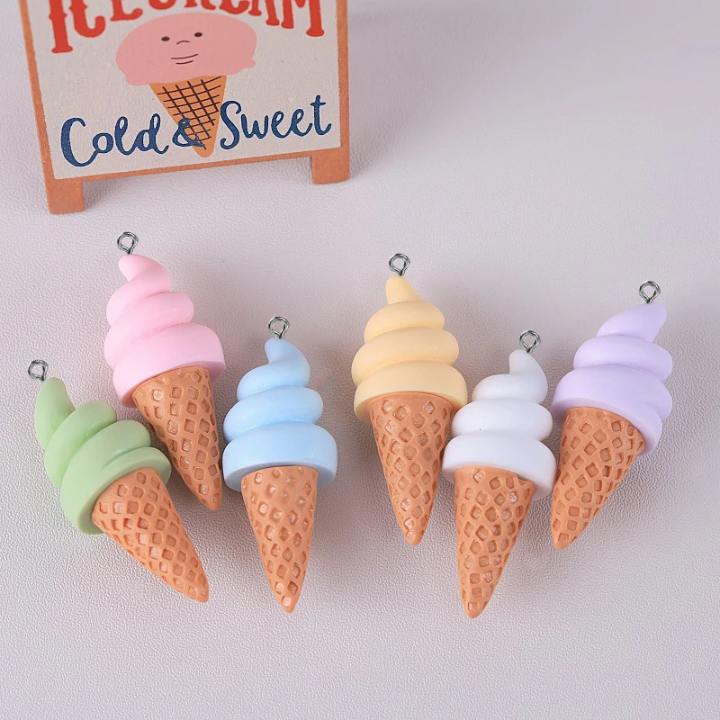 10Pcs Cute 3D Ice Cream Cone Resin Charms Simulation Miniature Food Pendants for Jewelry Making DIY Keychains Earrings Accessory