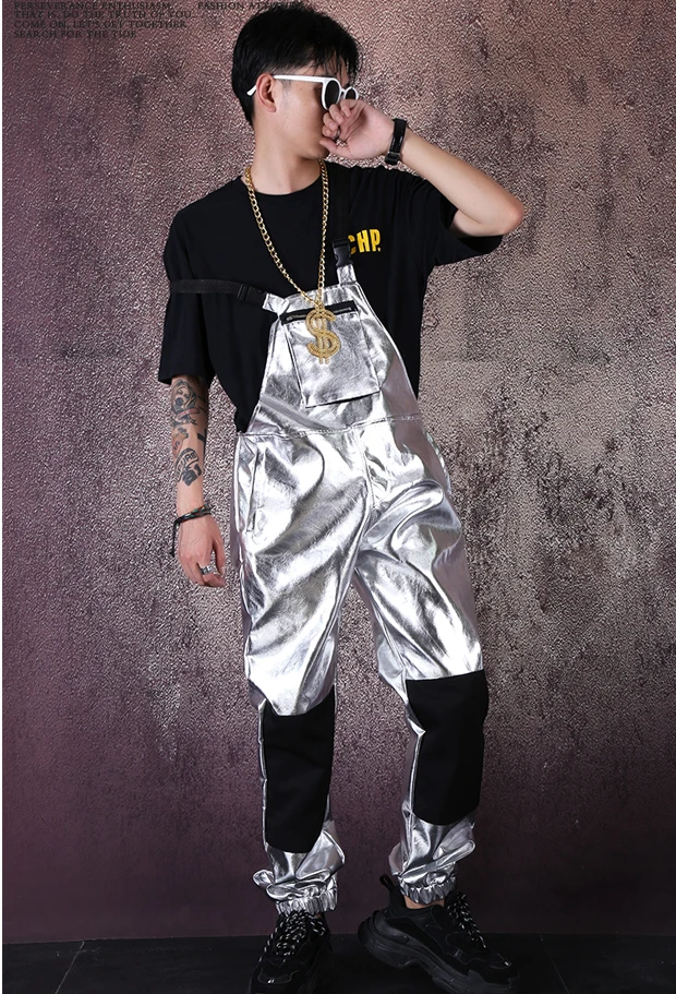 Fashion GOGO Dance DJ Costume Adult Male Hip Hop Dance Costume Silver Overall Men Hip Hop Pant Nightclub American Clothing