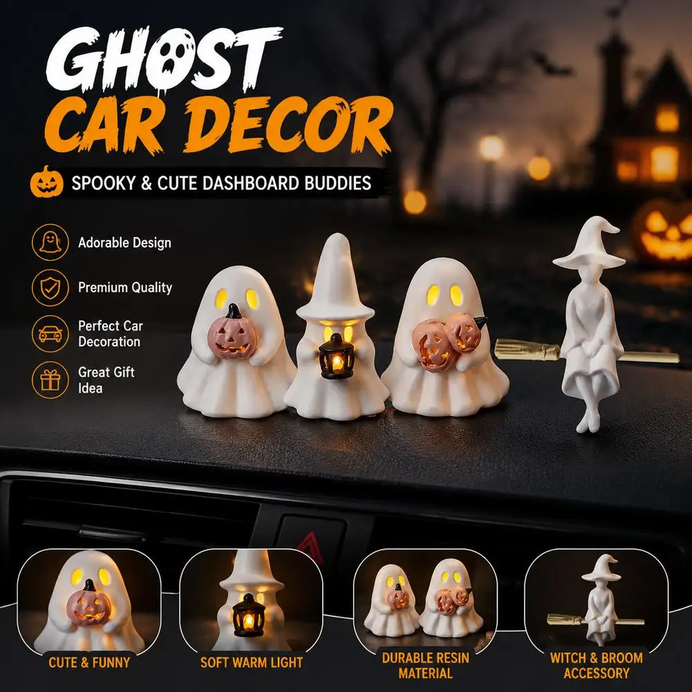 Glowing Halloween Ghost Car Decor Light Up Pumpkin Witch Dashboard Ornaments Spooky Cute Resin Table Interior Accessories