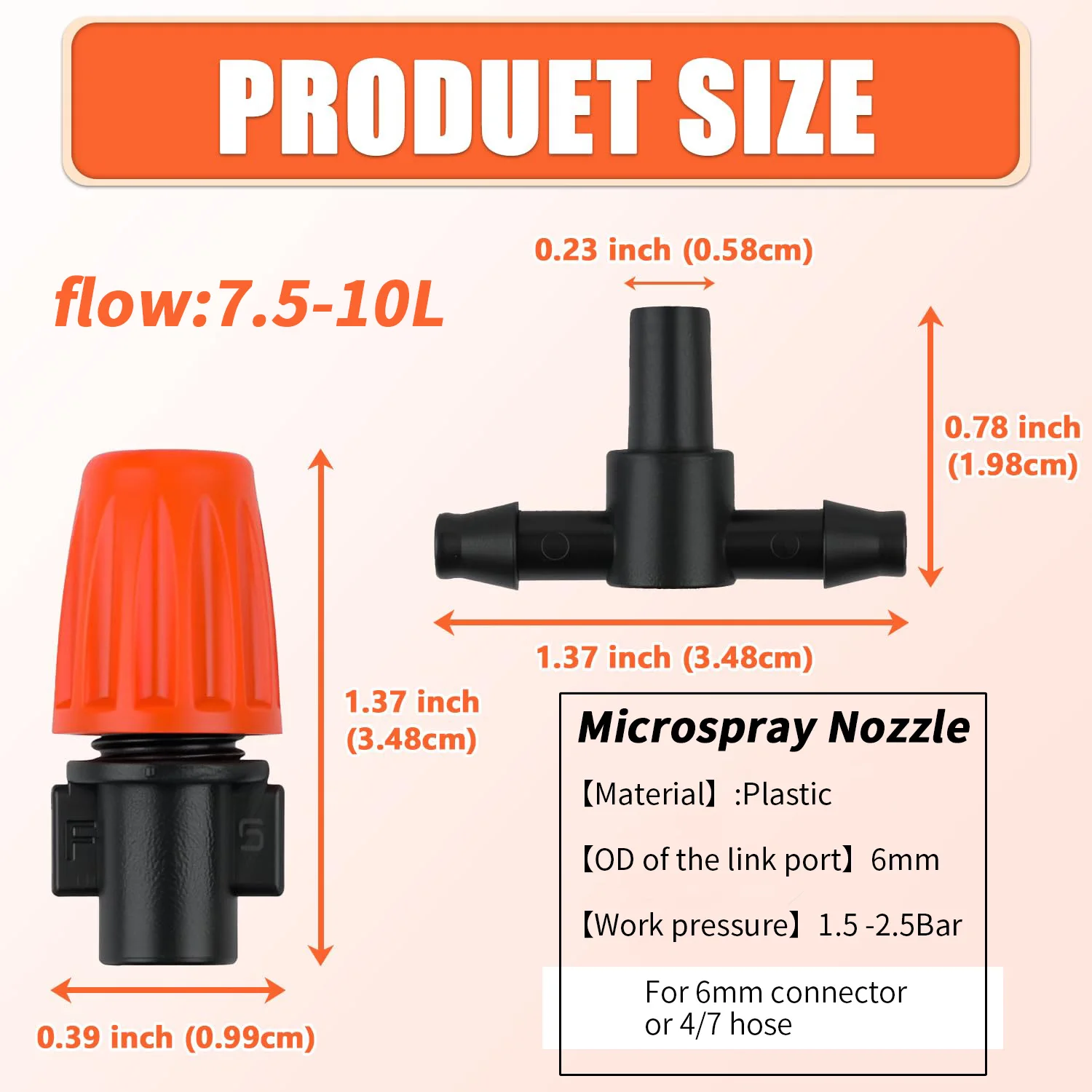7.5-10L/H T-Type Orange Adjustable Misting Nozzle /W 1/4”Tee Connector for Garden Greenhouse 4/7mm Hose Sprayer Watering System