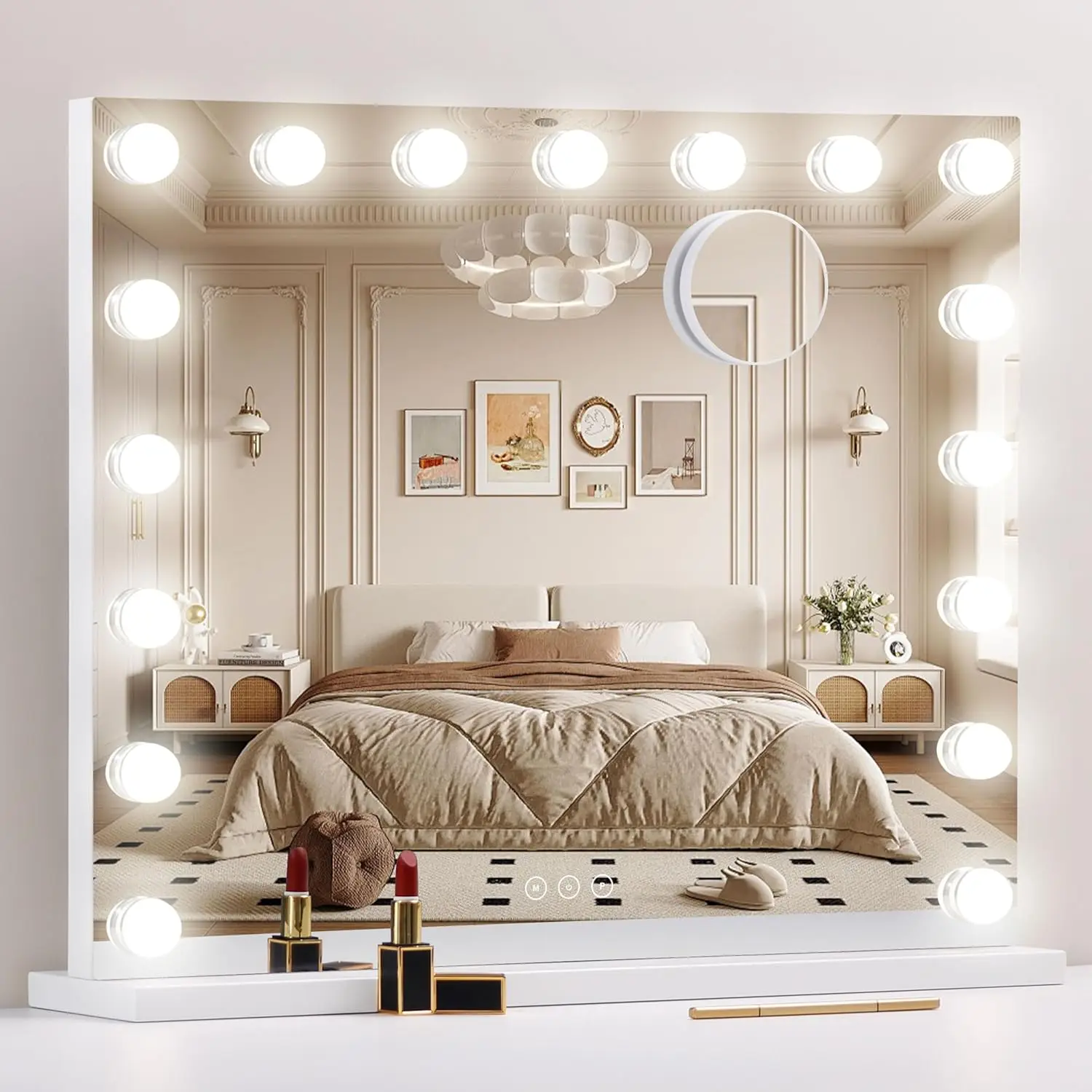 

LED Makeup Mirror with Dimmable Lights, 3 Color Modes, Detachable Magnifier, Touch Control