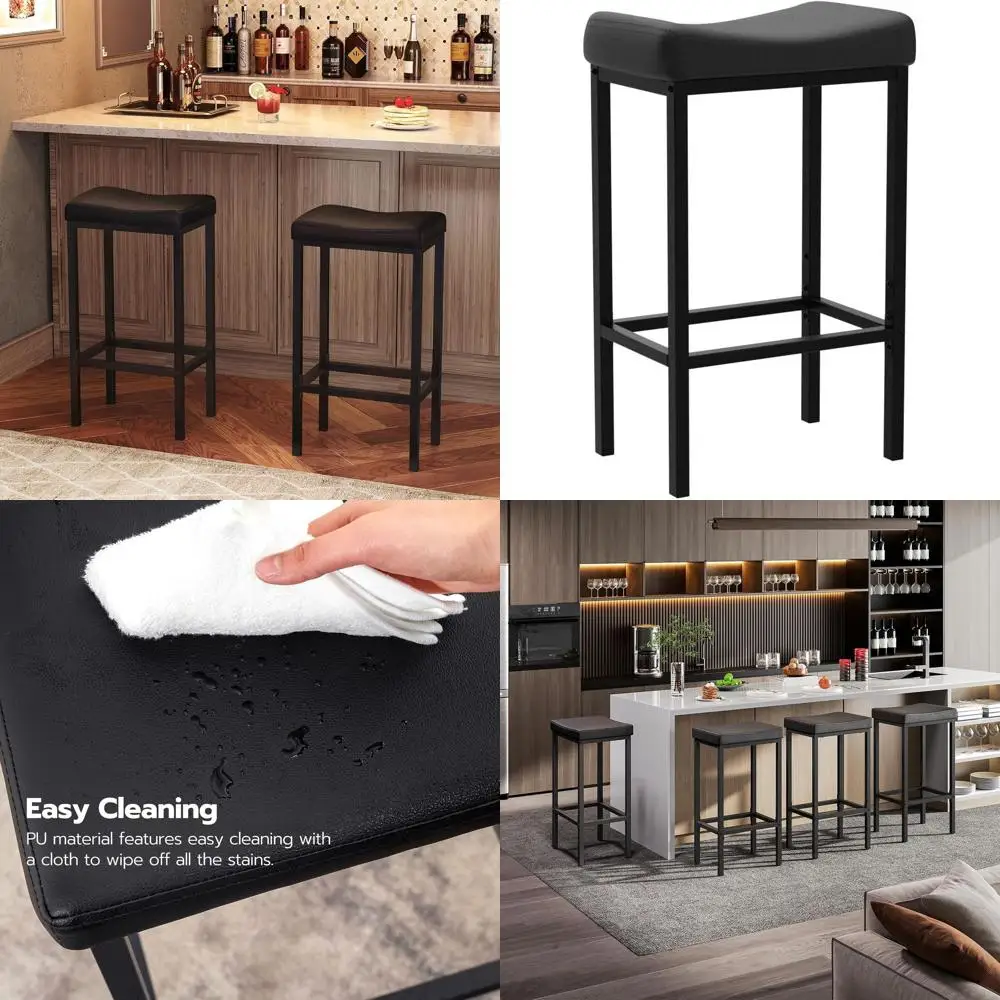 

Set of 2 Bar Chairs, Counter Height, Curved Surface, 24.8, 2.4 Thick Upholstery, for Kitchen and Dining Room, Black