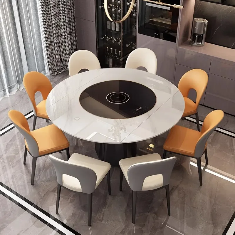 Italian Minimalist Rock Slab Retractable Dining Table with Induction Cooker and Turntable Square Round Dual Purpose Light