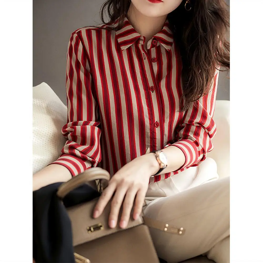 Casual Temperament Stylish Shirt for Women Spring Autumn New High-end Design Long Sleeved Polo-neck Red Striped Trendy Top