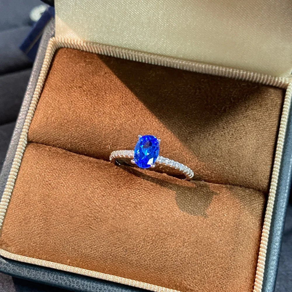 Luxury 18K Real Platinum PT950 Cobalt Spindle Ring Colorful Treasure One Carat Oval Ring Female Niche Design Cultured Diamond