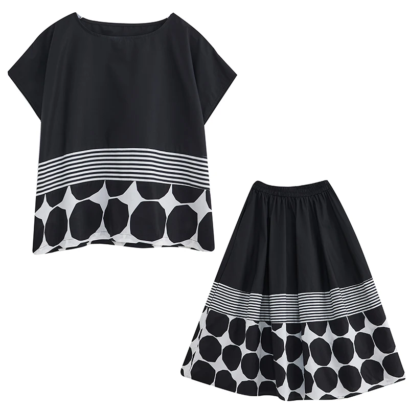 Oversized Vintage Print Loose 2 Two Piece Set Summer Short Sleeve Casual T Shirt Women T-shirt Fashion Clothing Skirt Suit 2026