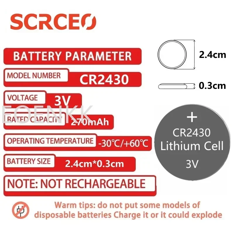 Lithium Coin Cell Battery CR2430 3V DL2430 Button Battery for Key Fob Watch Alarm Clock Remote Control Stable Power