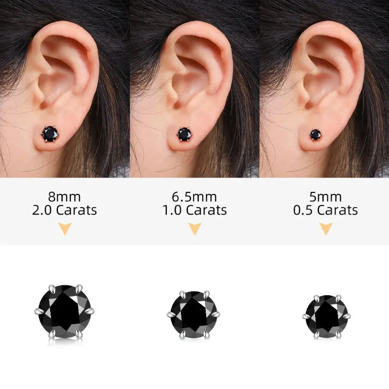 0.5-2CT D VVS1 Black Moissanite Sterling Silver Original Certified Plated 18K White Gold Earrings for Women Trend Stud Earring