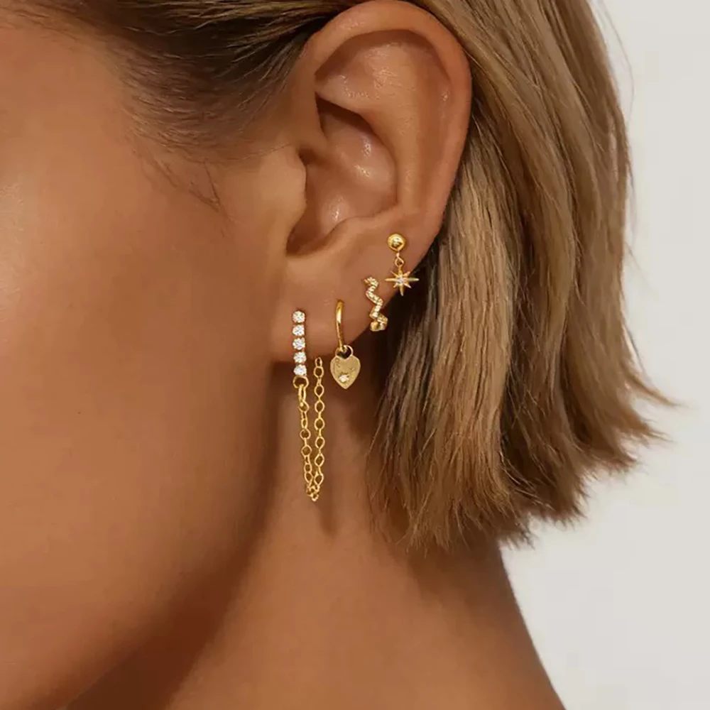 3PCS Tassel Chain Zircon Star Ear Stud  Set For Woman 14K Gold Plated Retro Heart Shape Pendant Earrings Korean Fashion Jewelry