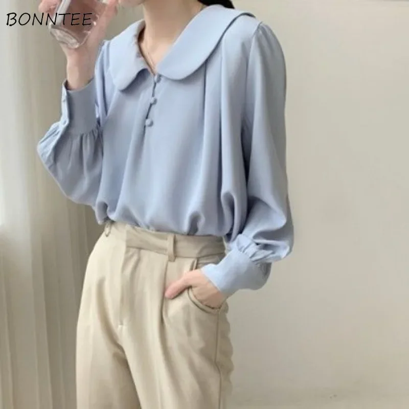 Office Lady Blouses Women Loose Minimalist Ins Mature Elegant Casual Korean Fashion Peter Pan Collar Clothes Spring All-match