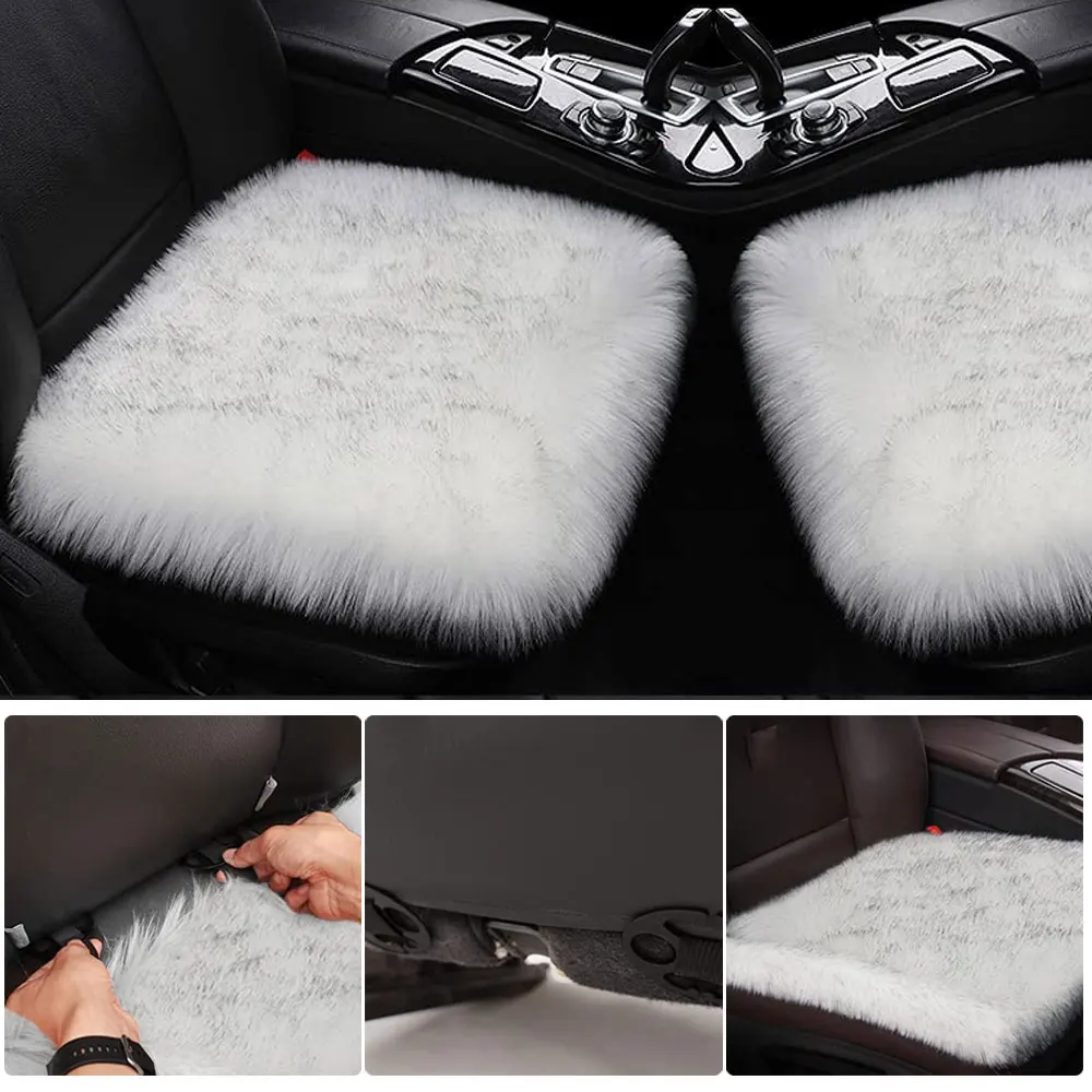 Warm Luxurious Faux Fur Car Seat Cover Plush Winter White Universal Automotive Interior Faux Wool Car Seat Cushion Cloak Gadget