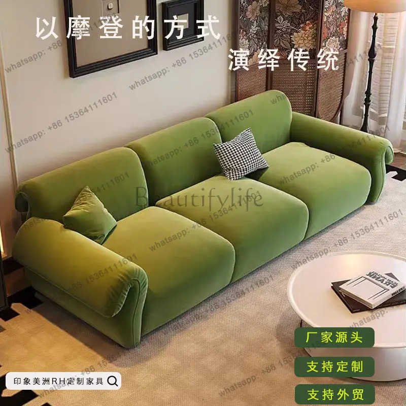 

French antique fabric sofa living room combination sofa advanced dark green
