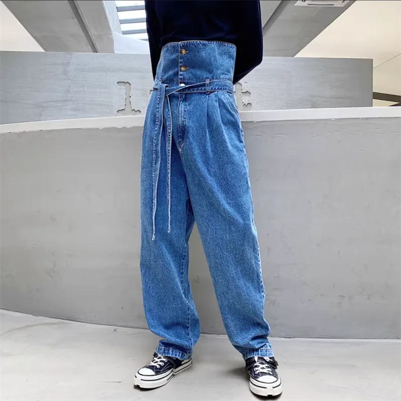 2023 Korean retro high-waisted jeans men\'s personality over waist head design feeling loose and thin straight leg wide-leg pants