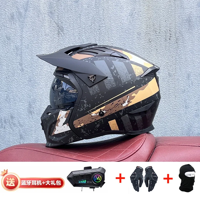 Orz Street Fighter Bluetooth Helmet Motorcycle Off Road Full Helmet Four Seasons Universal Retro Detachable Combination Helmet