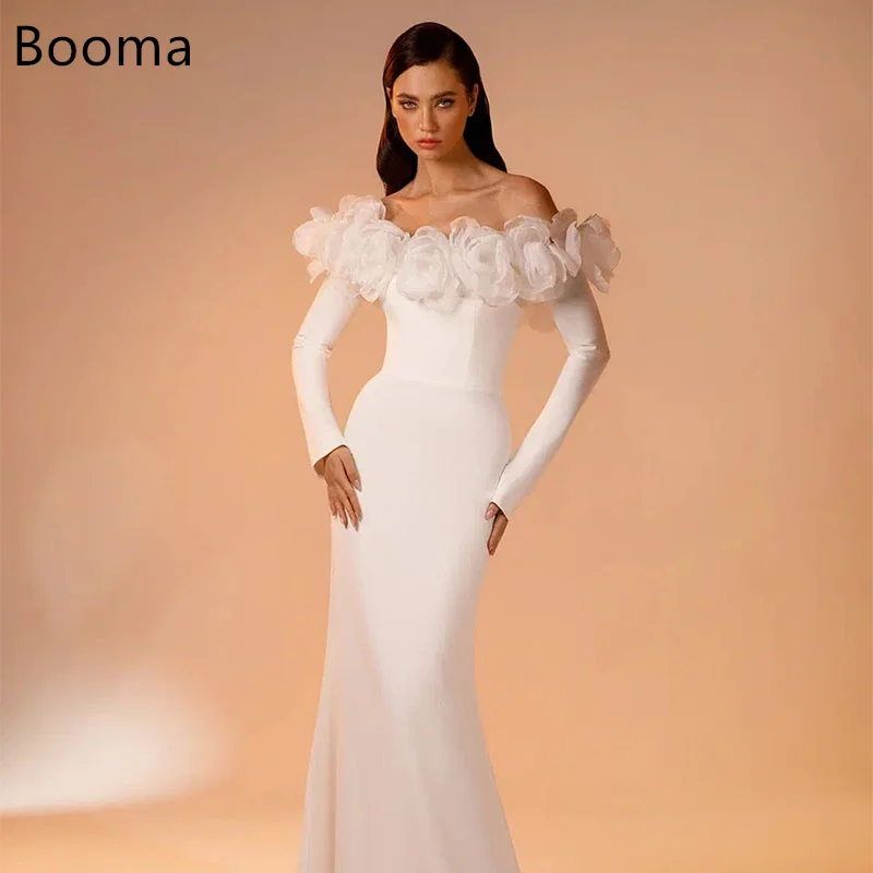 

Booma Mermaid Simple Wedding Dresses Satin Off The Shoulder 3D Flowers Full Sleeve Brides Gown Customize 2025
