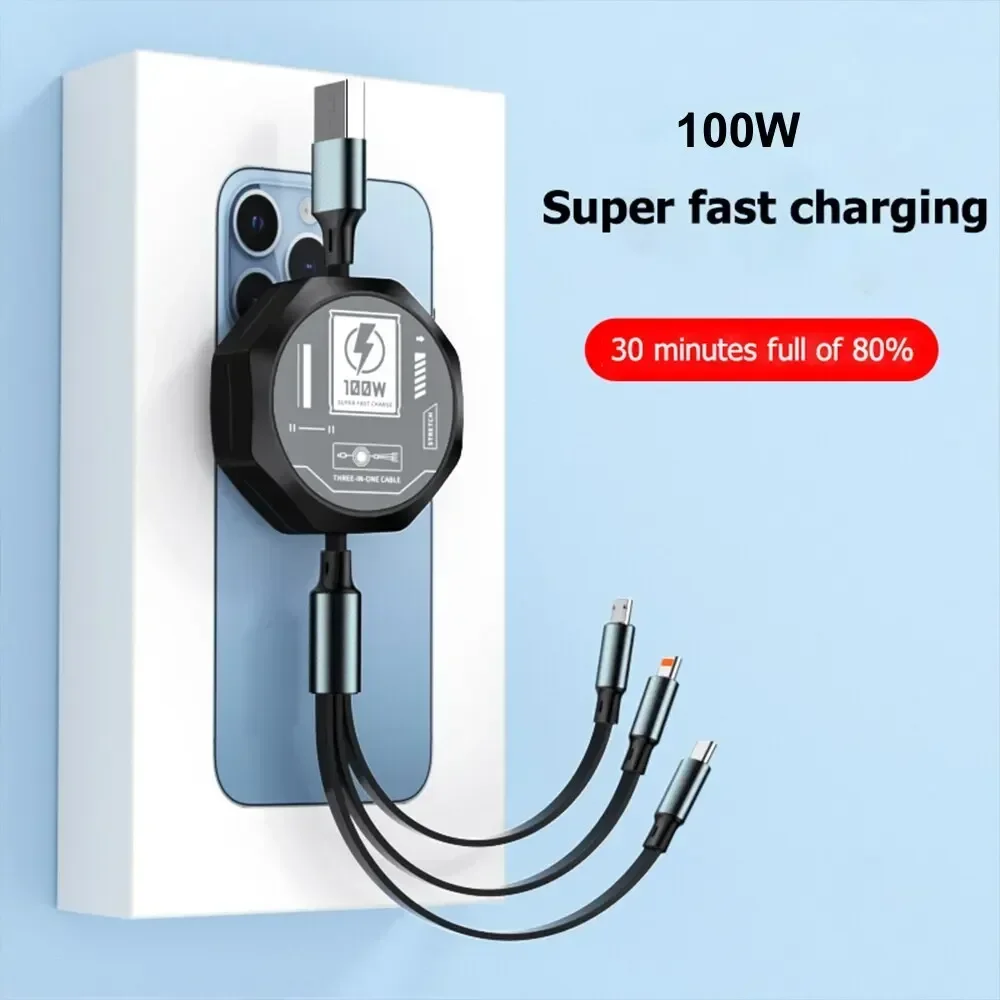 100W 3 In 1 Retractable Usb Cable Fast Charging And Data Micro Usb Type C For iPhone 15 14 13 Pro Max Android Phone Xiaomi Cable