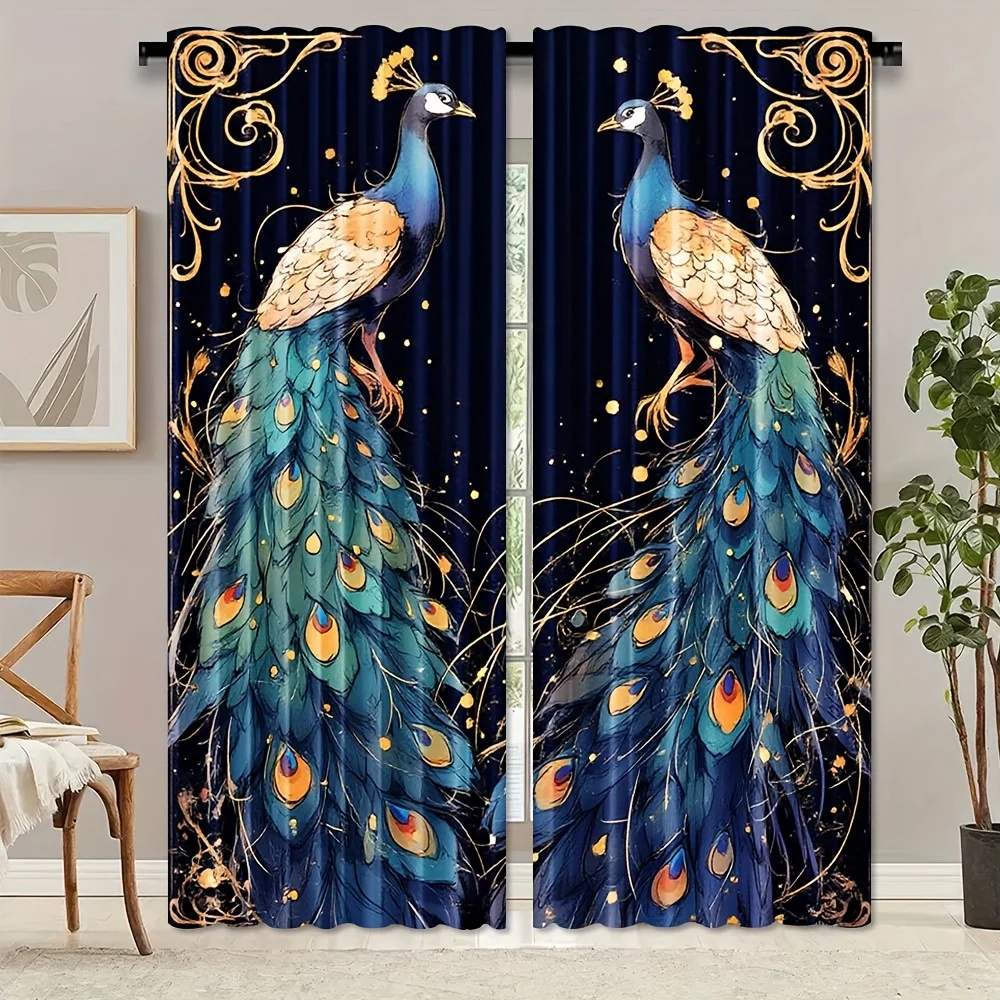 Ornate Peacock Curtain Panels, Gorgeous Peacock Golden Scroll Sparkle Dark Tone Print Drapes for Noble‑Style Apartment Decor