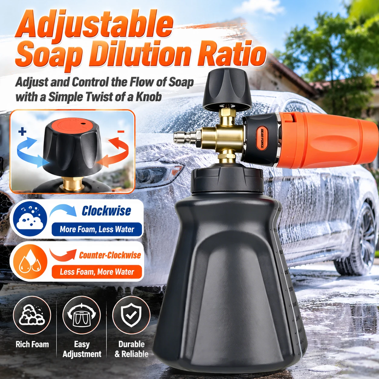 Pressure Washer Foam Cannon Snow Foam Lance 1L Bottle,  360° Adjustable Nozzle, Car Wash Foam Sprayer, with 1/4" Quick Connector view 5