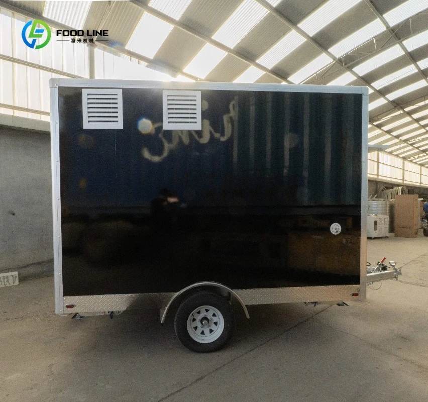 Carrinho de comida móvel de caminhão de comida preto de um eixo com exaustor de pias de duas rodas