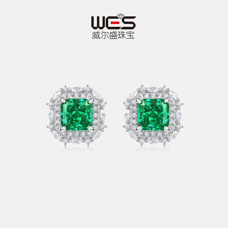 

18K Gold Inlaid Colored Baby Stone PT950 Platinum Ice Cut Moissanite Earrings for Women Emerald Earrings