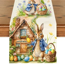 2025 Vintage Easter Table Runner Polyester Bunny Dining Table Cloth Spring Holiday Happy Easter Decoration For Home Party Gifts