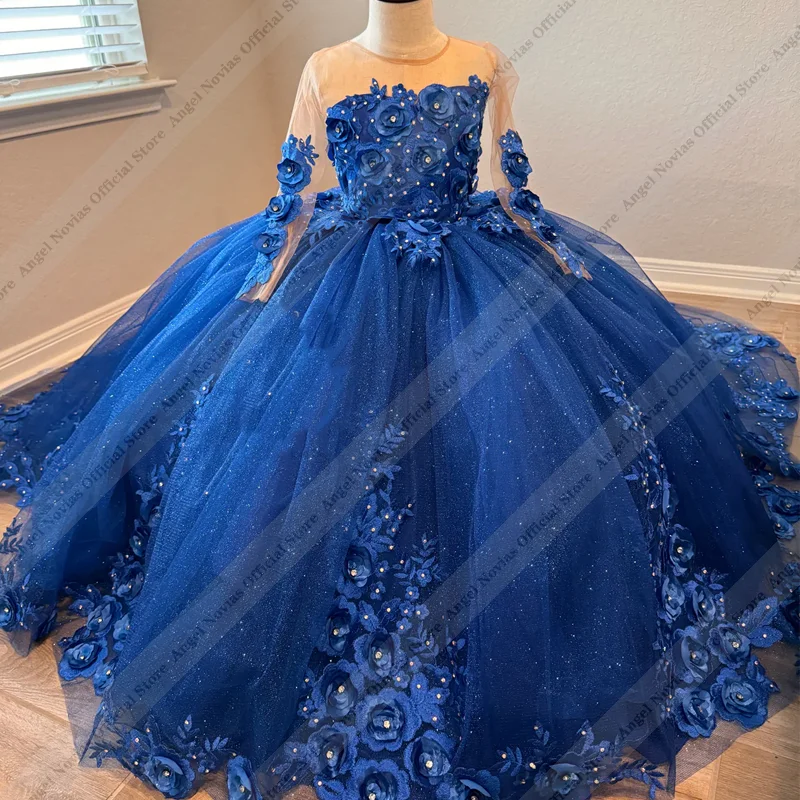 

Angel Novias Royal Blue Flower Gril Dress Tulle Fluffy With Exquisite Applique Little Girls Wedding Birthday Party Ball Gowns
