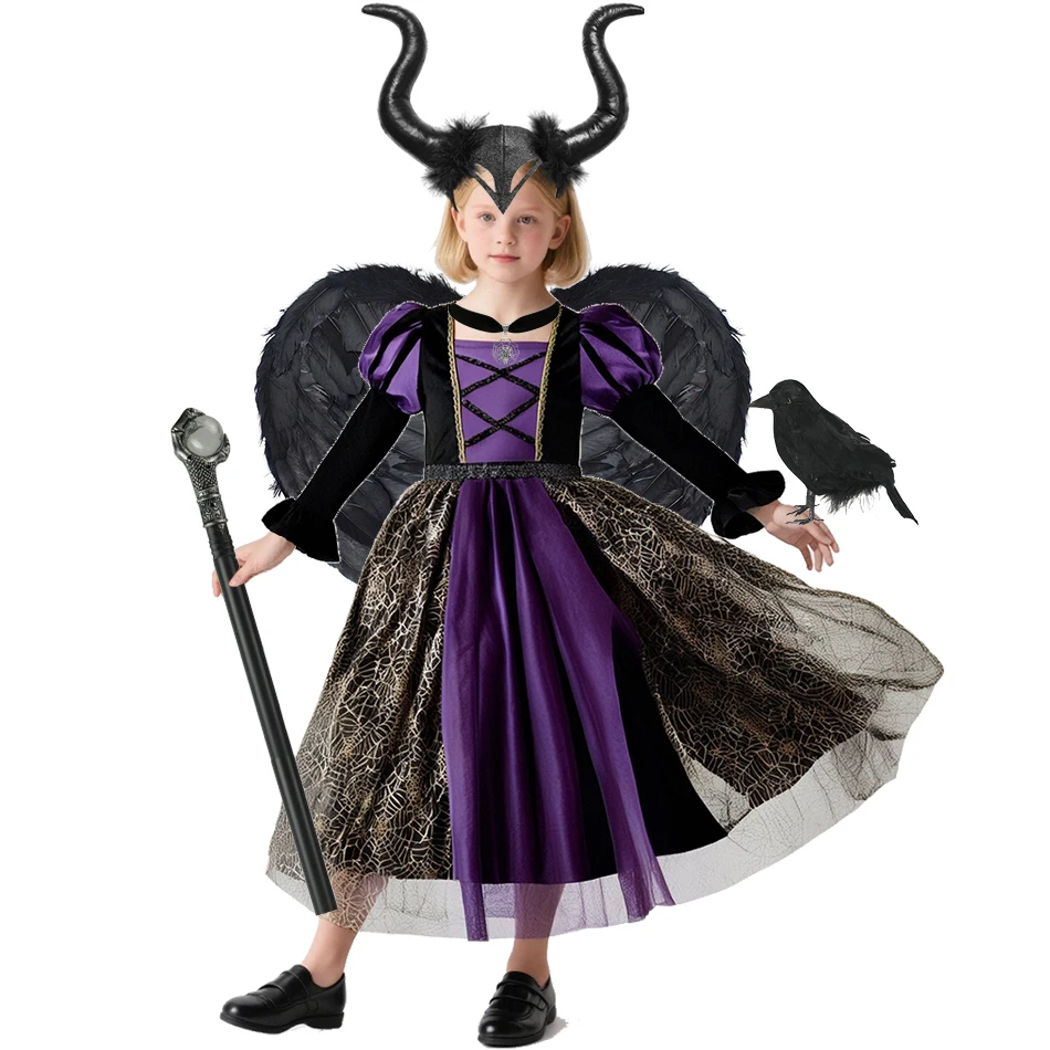 Halloween Girl Costume Children Witch Dress Girl Purple Black Spliced Mesh Fluffy Gown Carnival Party Kids Performance Clothes