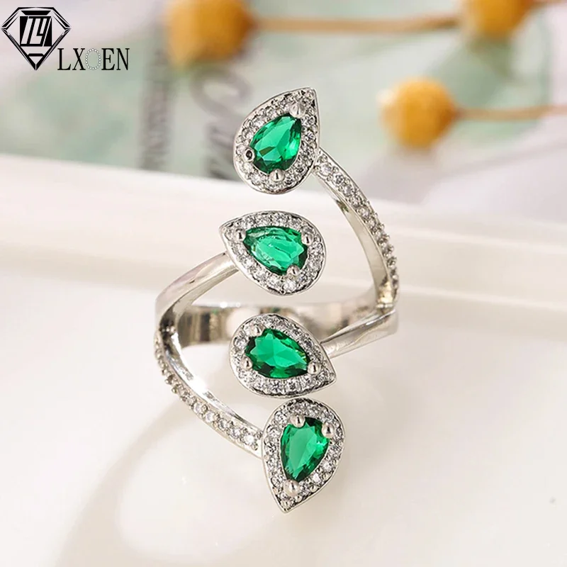 Luxury Brand New Japan and South Korea Fashion Teardrop Zircon Open Rings for Women Green Leaf Leisure Party Trendy Jewelry