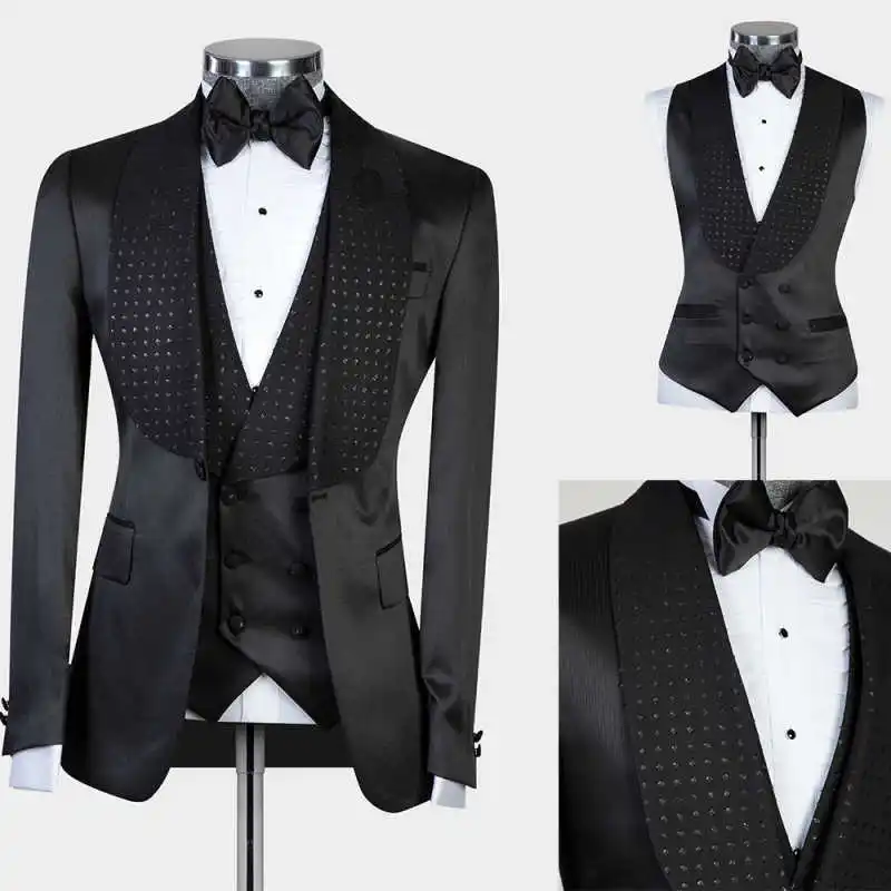 

Classic Men's Suits 3 Pieces Blazer Pants Vest Beaded Shawl Lapel Wedding Groom Tuxedos Formal Occasion Slim Fit Custom Made