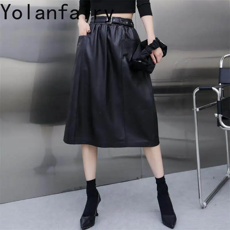 YOLANFAIRY Genuine Sheepskin Leather Skirt for Women High Waist A-line Skirt 2026 Autumn Black Midi Leather Skirts Streetwear