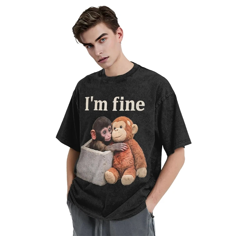 Punch Monkey Print T-shirt Retro Streetwear Fashion Unisex Loose Couple Tee Summer Casual Cotton Short Sleeve Top for Men Women