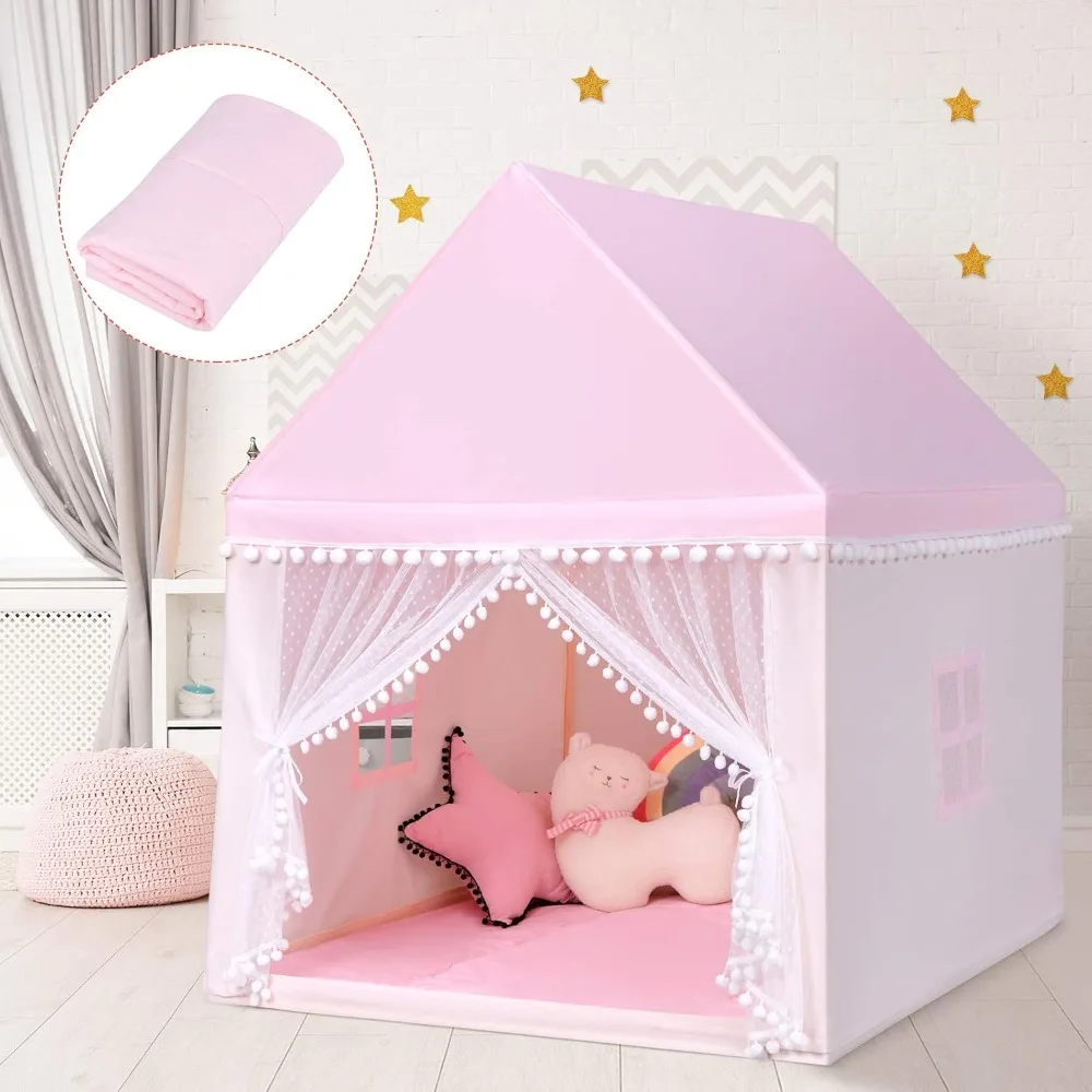 

Kids Play Tent, Large Playhouse w/Washable Mat, Windows, Solid Wood Frame, Indoor Outdoor Princess Tent for Children Boy