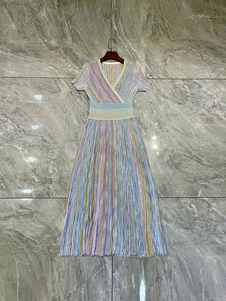 Spring Summer Fashion Party Silver Thread Knitting Striped Long Dress Women's Deep V-Neck High Waist Slim A-Line High Slit Dress
