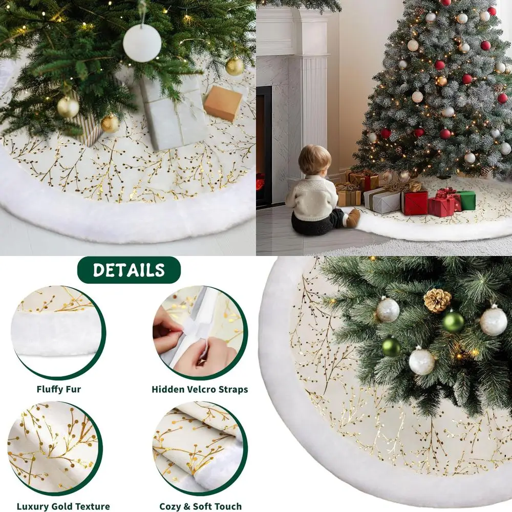 

Luxurious White & Gold Faux Fur Tree Skirt for 4-9ft Christmas Trees, Plush Velvet Holiday Decoration