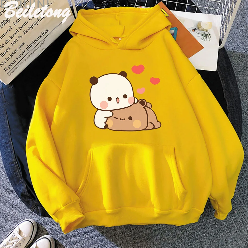 Cute Panda Bear Cartoon Hoodie Long Sleeve Bubu Dudu Korean Style Sweatshirts Women 90s Pink Funny Prints Harajuku Pocket Kawaii