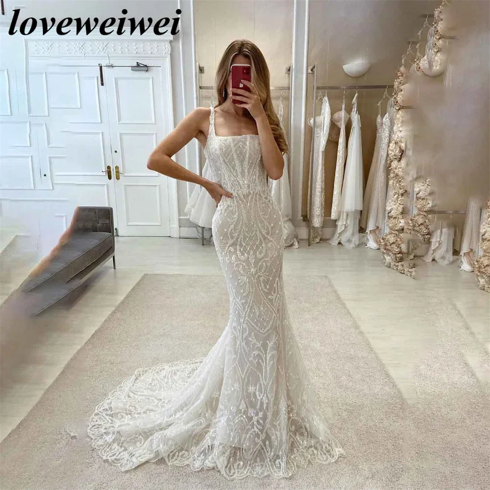 Kwadratowy kołnierzyk urocza ślubna suknia paski Spaghetti elegancka suknia ślubna z koralikami suknia ślubna seksowna suknia ślubna vestido novia