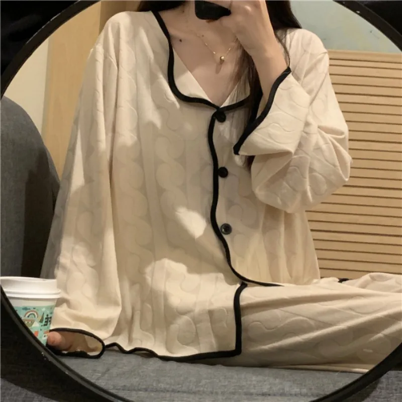 Frühling Damen Einfacher Loser Baumwoll-Pyjama 2-teilig/Set Lässige Loungewear für Draußen Mädchen Modische Bequeme Hauskleidung