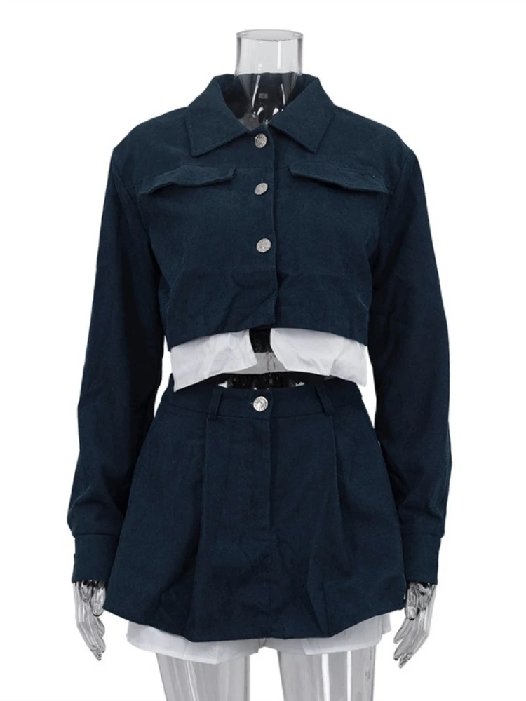 Tossy Fashion 2 Piece-Set Skirt Women's Patchwork Casual Turndown Collar Long Sleeves Crop Top And High Waist Mini Skirt Outfits