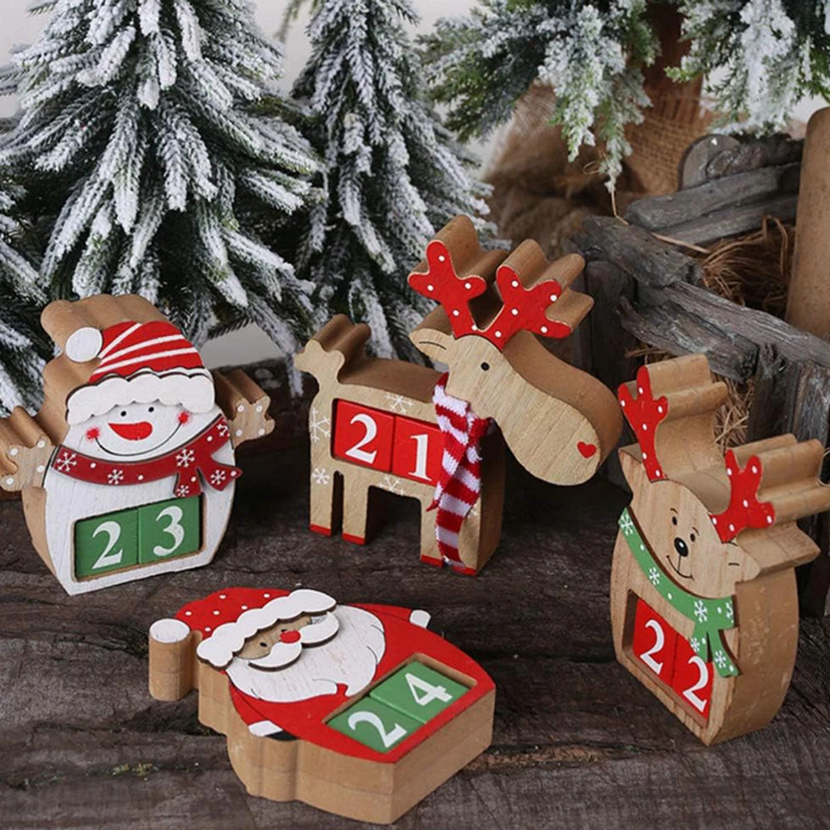 Christmas Countdown Wooden Calendar Blocks Santa Snowman Reindeer Holiday Desk Decor Festive Wooden Tabletop Ornament for Home